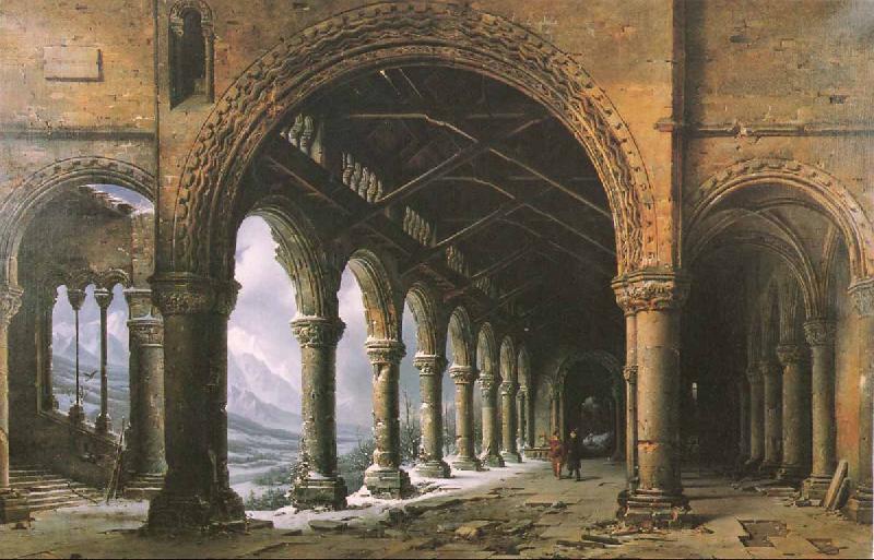 louis daguerre The Effect of Fog and Snow Seen through a Ruined Gothic Colonnade